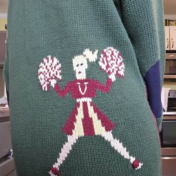 90s Teddy Bear Cardigan Sweater Sports M/L Handknit Football Soccer Cheerleader - Picture 9 of 11